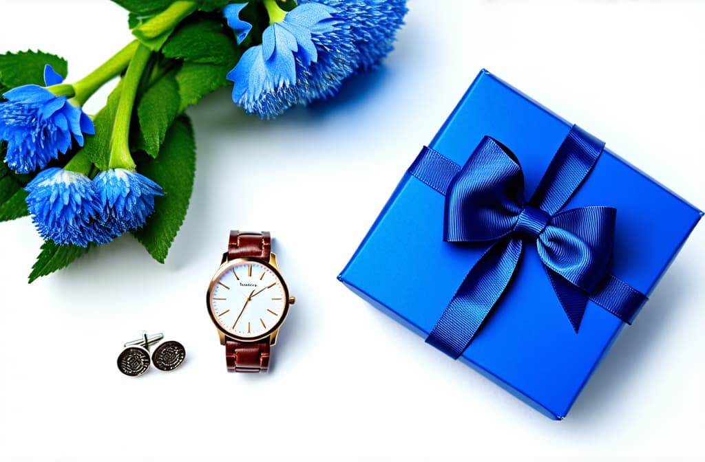  gift concept for men. men's accessories. blue flowers, gift box with blue bow, mens watch and cufflinks isolated on white background. father's day ar 3:2 {prompt}, maximum details