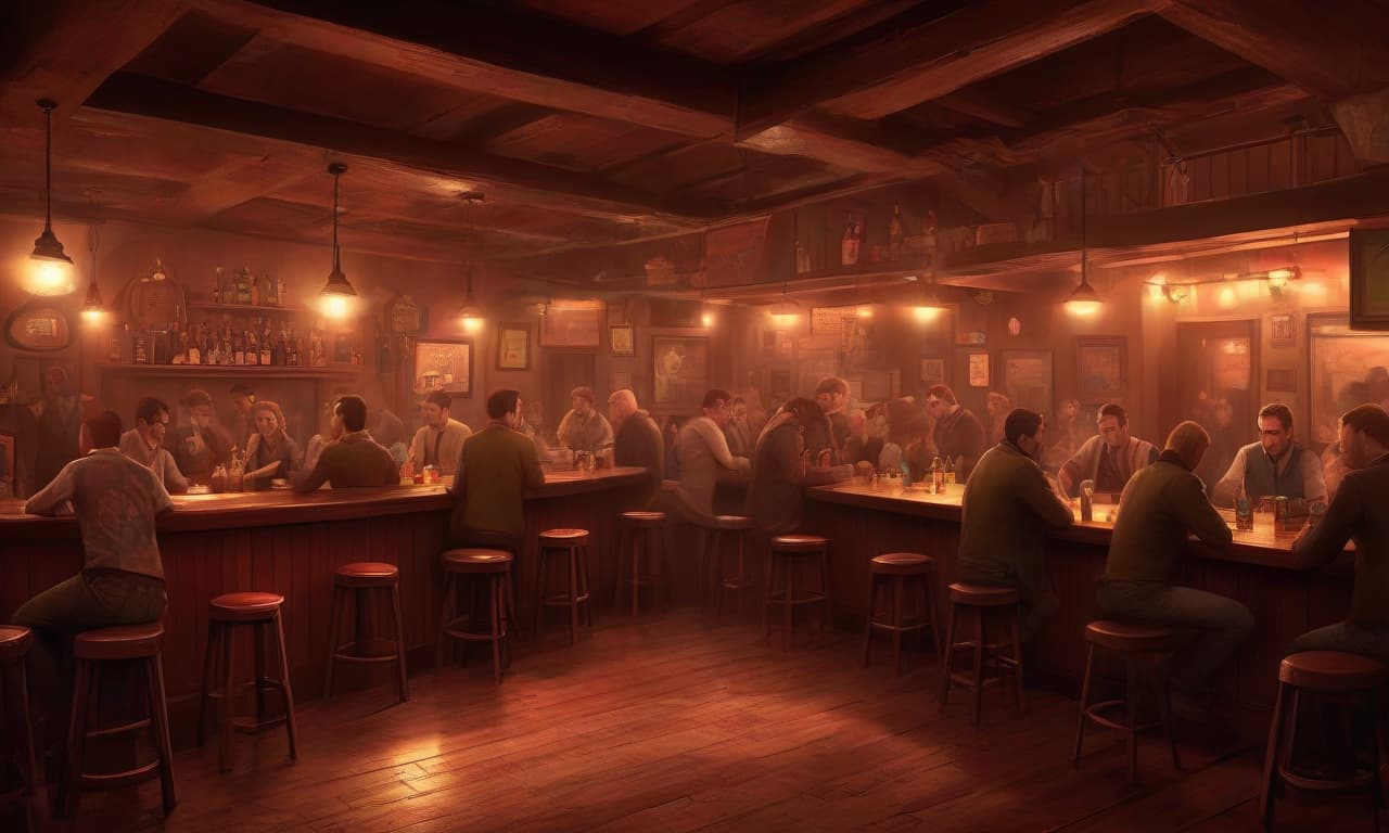  concept art a bustling 20th century pub, partying drunken youths. the interior of the room is simple and tasteless . digital artwork, illustrative, painterly, matte painting, highly detailed, perfect hands, on parchment