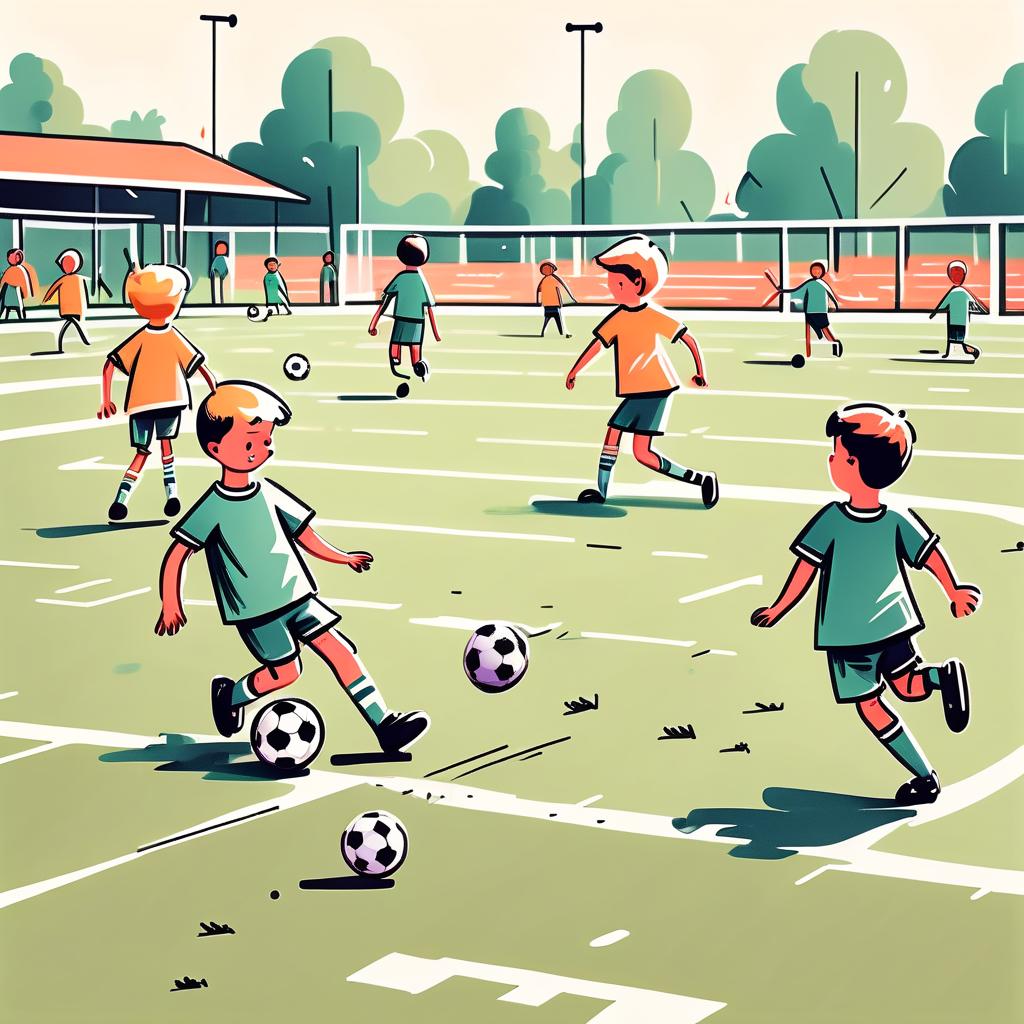  minimalist style children in a children's camp play football on the football field on the tribunes retro style drawn by markers . simple, clean, uncluttered, modern, elegant