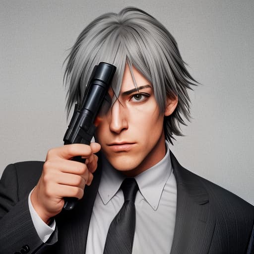  a gray man in a suit put a gun to his head