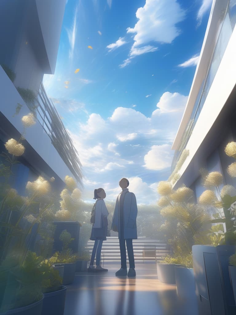  the sky is sunny, the background is an office area, a couple with a smile, masterpiece, best quality,8k,ultra detailed,high resolution,an extremely delicate and beautiful,hyper detail