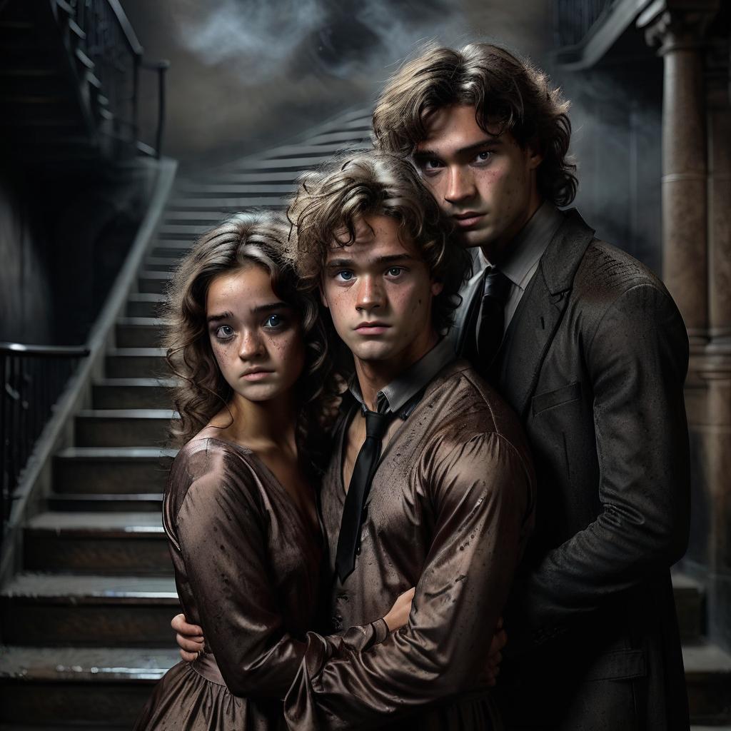  cinematic photo art, drawing, hogwarts staircase, gloomy black background, two people. serious long haired shaggy curly girl with long chocolate hair with freckles and brown eyes, she is dressed in a powdered silk dress, hugs on the stairs, the guy is dressed in a black silk shirt, black tie, robe, he has short black hair laid on a partition, a slightly curly bang falls on his forehead, black eyes, arrogant look . 35mm photograph, film, bokeh, professional, 4k, highly detailed, on parchment