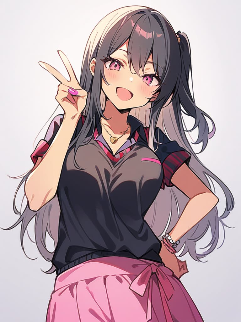  1,,best quality,medium s,narrow waist,skinny,(highres,ultra detailed,8k),black hair,(dark skin),pink eyes,tsurime,one side up hair,black sweater vest,short sleeves,red and black checked ,collared shirt,eyeliner,<lora:saya gyaru:1>,v,smile,open mouth,head tilt,(white background,simple background:1.2),contrapposto,hand on hip,