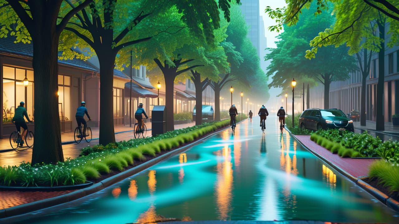  a vibrant cityscape featuring rainwater flowing through streets, cyclists navigating alongside green stormwater management systems, and lush urban gardens, all interconnected by flowing blue lines symbolizing the urban water cycle. hyperrealistic, full body, detailed clothing, highly detailed, cinematic lighting, stunningly beautiful, intricate, sharp focus, f/1. 8, 85mm, (centered image composition), (professionally color graded), ((bright soft diffused light)), volumetric fog, trending on instagram, trending on tumblr, HDR 4K, 8K