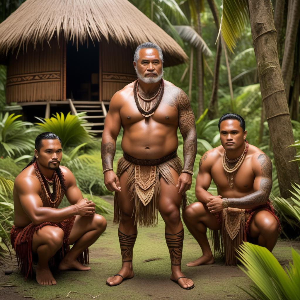  Sonny Olomua depicted in ancient Samoa. He is a member of a traditional Samoan community, possibly a warrior or a chieftain, engaged in cultural activities. He is dressed in traditional attire made of tapa cloth and adorned with tribal tattoos. The backdrop includes traditional Samoan fale (huts), lush tropical surroundings, and other community members engaged in daily activities such as weaving, fishing, or preparing a communal feast. There are traditional Samoan symbols and designs in the environment, and the scene captures the rich cultural heritage and daily life of ancient Samoa. hyperrealistic, full body, detailed clothing, highly detailed, cinematic lighting, stunningly beautiful, intricate, sharp focus, f/1. 8, 85mm, (centered image composition), (professionally color graded), ((bright soft diffused light)), volumetric fog, trending on instagram, trending on tumblr, HDR 4K, 8K