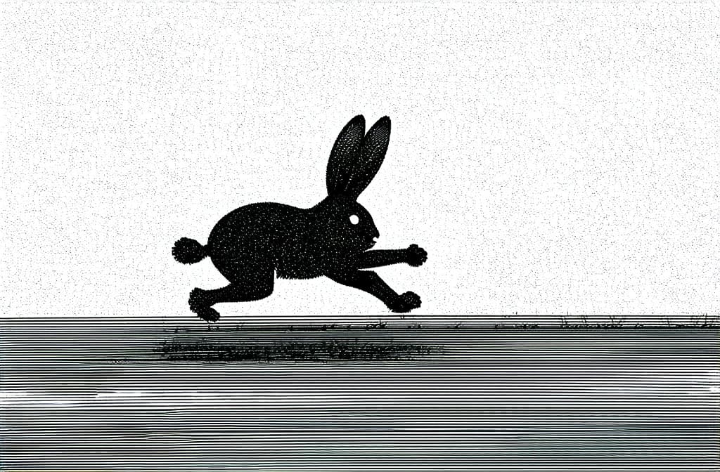  contour, very simple image in one unbroken black ink line, single line of black bunny running on a road, engraving illustration ar 3:2 using a single continuous black line ink brushon white background, drawing should be created without lifting the pen, recognizable features of black bunny running on a road, engraving illustration ar 3:2 in one unbroken line