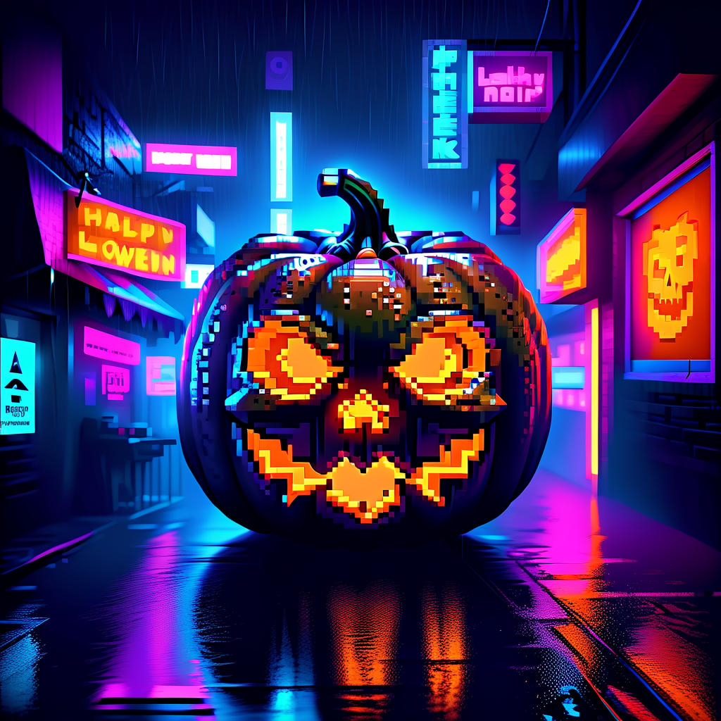  neon noir halloween pumpkin . cyberpunk, dark, rainy streets, neon signs, high contrast, low light, vibrant, highly detailed