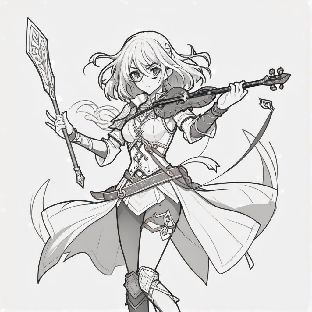  line art drawing dnd bard girl, battle stance, same nightmare. anime style . professional, sleek, modern, minimalist, graphic, line art, vector graphics