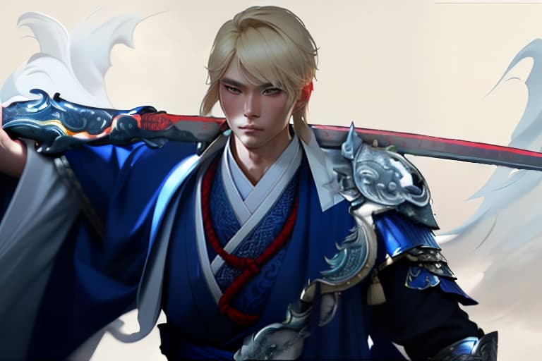  A ash blond man with short hair in a blue Korean traditional costume holds a huge Hwando sword in his right hand, slung over his shoulder. Cloudy day. In the background, only white clouds are visible, without any buildings. hyperrealistic, full body, detailed clothing, highly detailed, cinematic lighting, stunningly beautiful, intricate, sharp focus, f/1. 8, 85mm, (centered image composition), (professionally color graded), ((bright soft diffused light)), volumetric fog, trending on instagram, trending on tumblr, HDR 4K, 8K