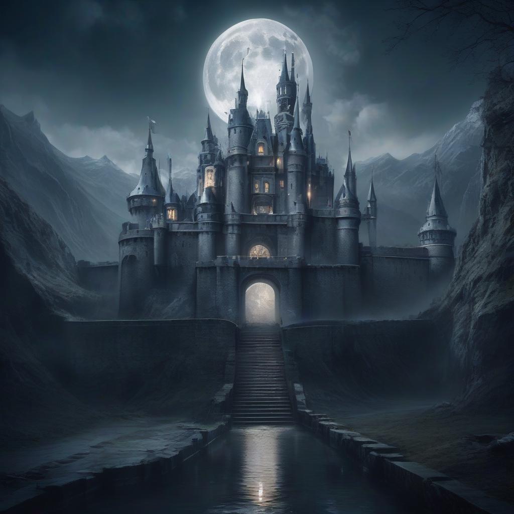  iron castle. there is a moat in front of the castle. a castle in the mountains. a gloomy castle. baroque, rococo, cyberpunk. moon. moonlight. big moon. silver rays.