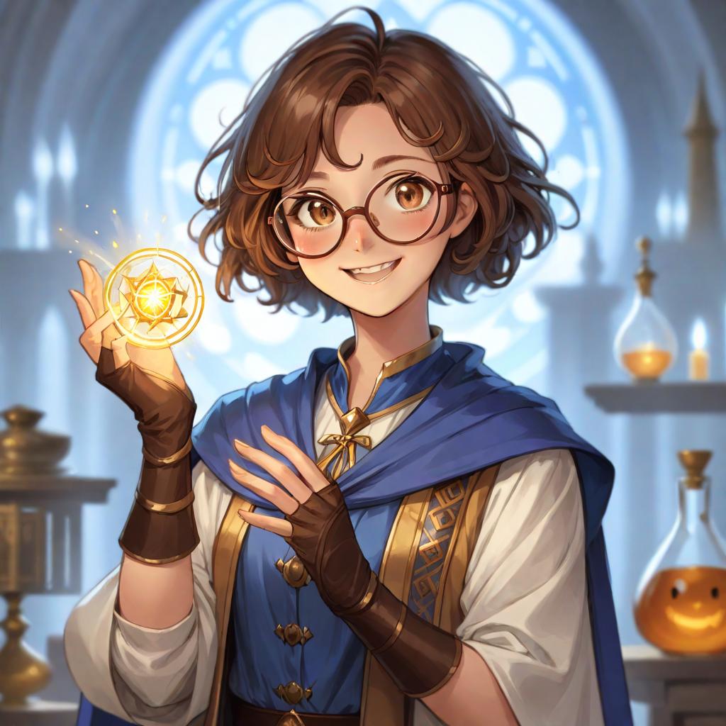  manga artwork gleeful girl wizard that is also an alquimist, she's wearing a white and brown attire with a blue cape. she has an open wide smile, amber eyes, short, brown wavy hair and big round glasses. anime rpg style . manga artist. manga, highly emotional. best quality, high resolution