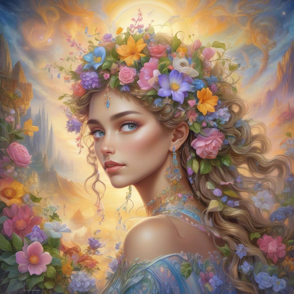  a painting of a woman with flowers in her hair, beautiful fantasy art portrait, beautiful fantasy portrait, beautiful fantasy painting, colorfull digital fantasy art, beautiful detailed fantasy, very beautiful fantasy art, beautiful fantasy art, inspired by josephine wall, romanticism art style, intricate fantasy painting, highly detailed fantasy art, anime art nouveau cosmic display, breathtaking fantasy art, by josephine wall