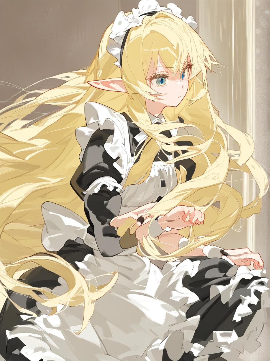  elf anime blonde hair long hair tall lady maid own self slave mini . best quality, high resolution