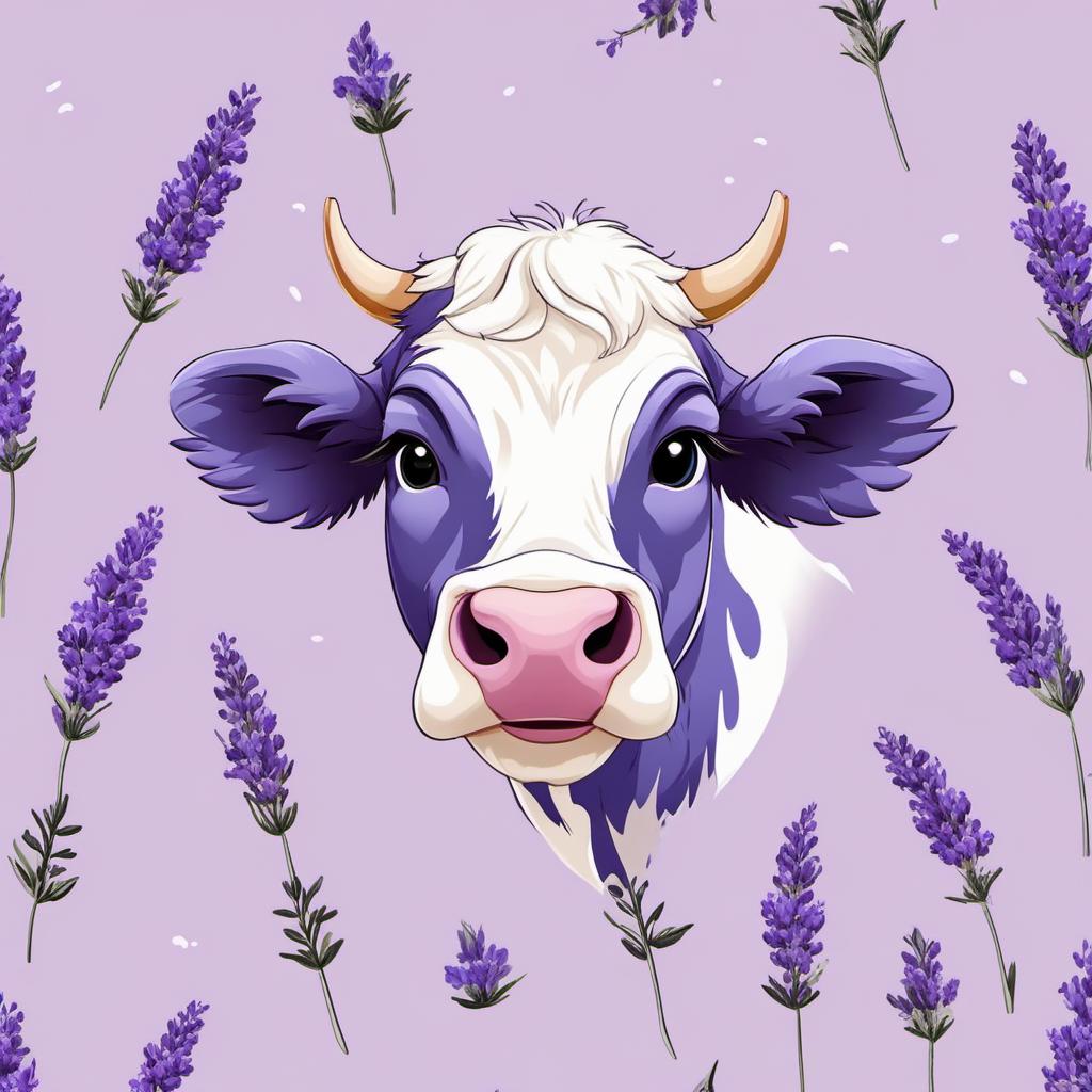  cute cartoon lavender colored cow with lavender flowers, profile image style