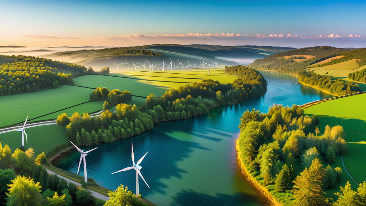  a vibrant landscape showcasing wind turbines on rolling hills, solar panels glistening under the sun, and a flowing river with a small hydroelectric dam, all surrounded by lush greenery and a clear blue sky. hyperrealistic, full body, detailed clothing, highly detailed, cinematic lighting, stunningly beautiful, intricate, sharp focus, f/1. 8, 85mm, (centered image composition), (professionally color graded), ((bright soft diffused light)), volumetric fog, trending on instagram, trending on tumblr, HDR 4K, 8K