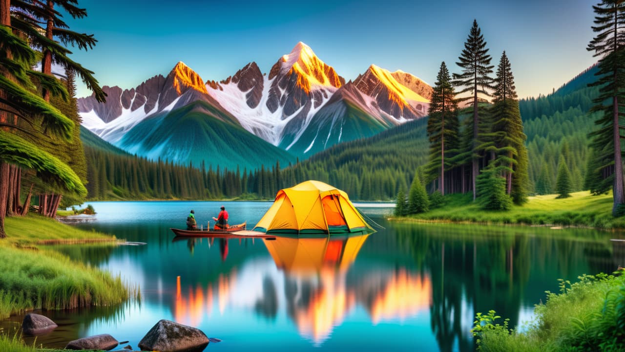  a vibrant landscape featuring a diverse array of backpacking scenes: lush green mountains, crystal clear lakes, rustic villages, and colorful tents under a starlit sky, showcasing adventure and exploration in nature's beauty. hyperrealistic, full body, detailed clothing, highly detailed, cinematic lighting, stunningly beautiful, intricate, sharp focus, f/1. 8, 85mm, (centered image composition), (professionally color graded), ((bright soft diffused light)), volumetric fog, trending on instagram, trending on tumblr, HDR 4K, 8K