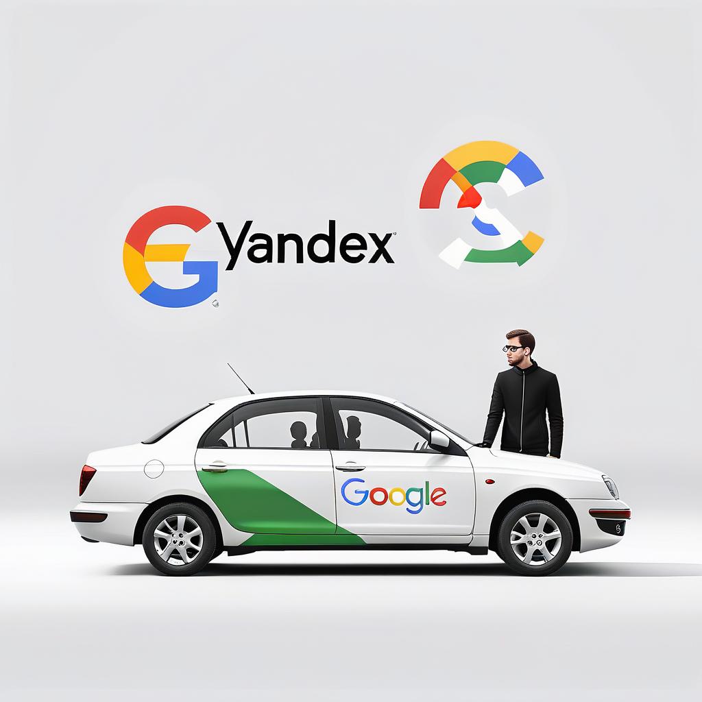  minimalist style a man pulls a car with yandex and google websites and logos . simple, clean, uncluttered, modern, elegant, text