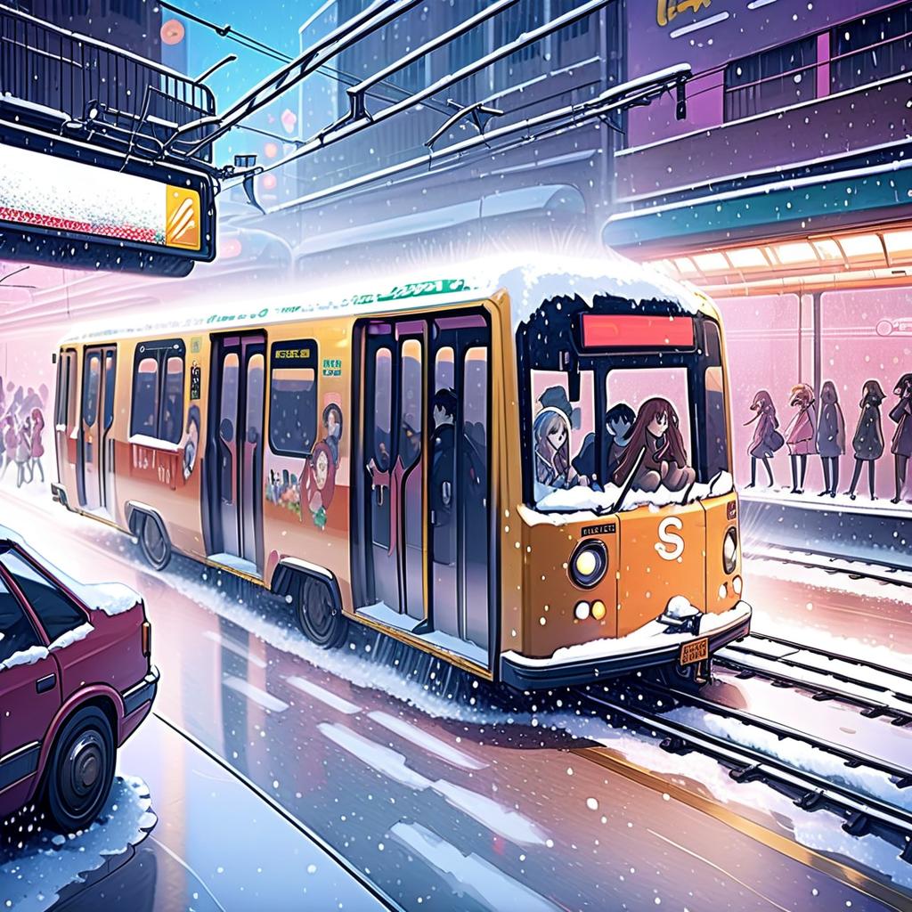  anime artwork there are two subway cars, there's a guy in one car, there's a girl in the other car. the cars are moving in different directions, it's snowing on the street. there are no other people besides them . anime style, key visual, vibrant, studio anime, highly detailed