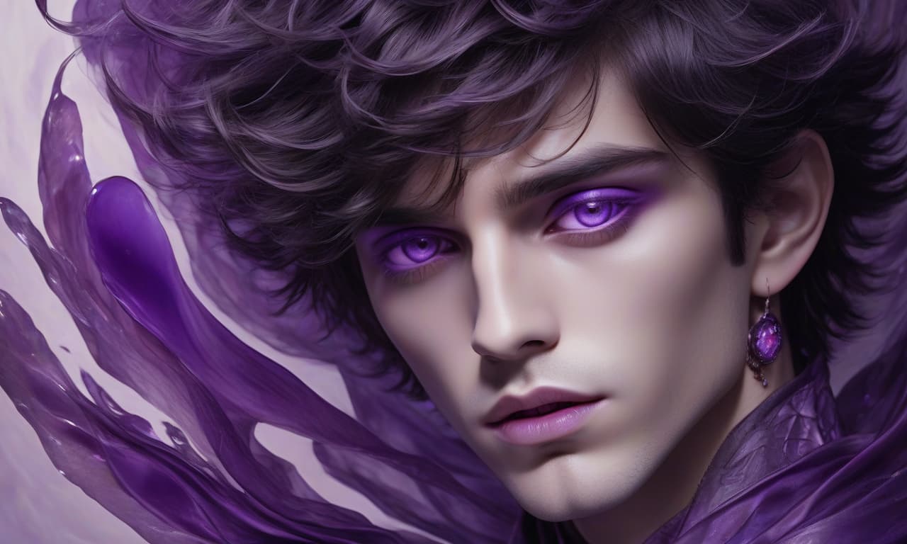  mystical male portrait radiating unearthly charm: porcelain skin, almond shaped violet eyes, dark hair adorned with bright violet jewelry. bright lips framed in a dreamy haze against a warm glowing background create a fantastic atmosphere of elegance and beauty. create an ethereal male portrait with a mystical aura. he has clear skin, large almond shaped violet eyes and full lips of a soft neutral shade. his face is framed by a mass of dark hair transitioning into bright violet jewelry, including a large one on the right side of the composition. jewelry of various sizes intertwine with his elements that give the impression of movement around his head, as if carried by a light breeze. the background is a textured gradient with deep, cool am