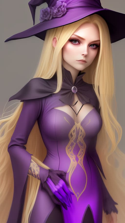  a in a tight witch costume, blonde long hair, medium size, neckline in a suit, purple color of a witch costume