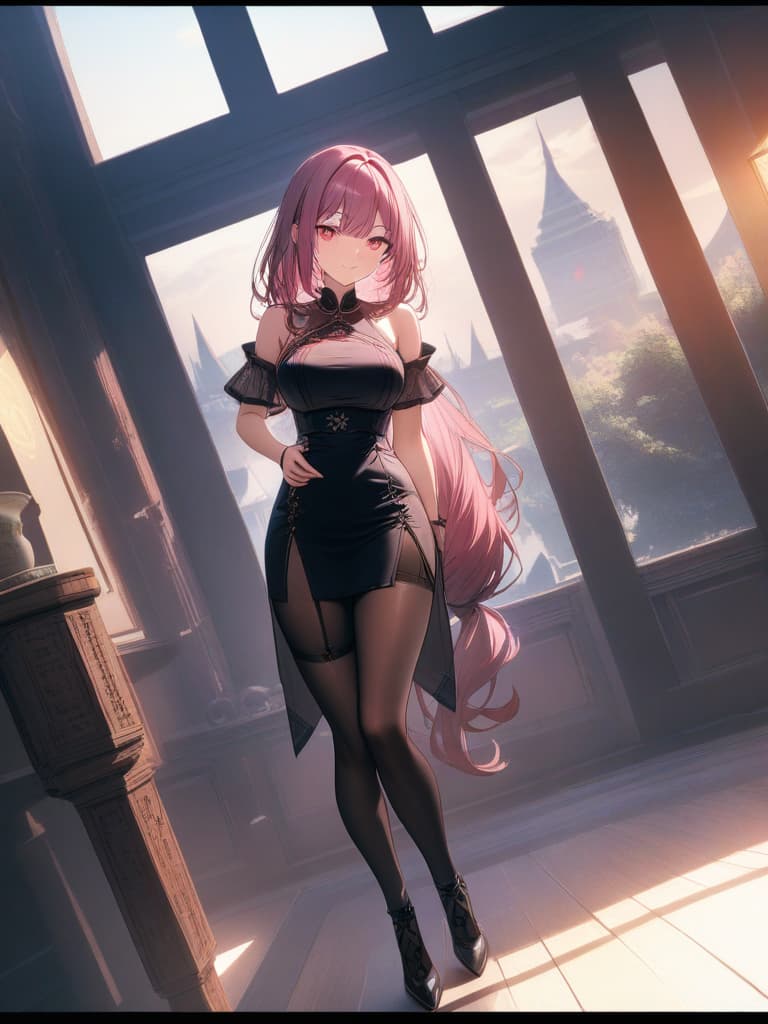  pink hair, super long long hair, in the castle, pin heel, doll like, pink eyes, smiling, beautiful girl, garter stocking net tights, cheongsam, masterpiece, best quality,8k,ultra detailed,high resolution,an extremely delicate and beautiful,hyper detail hyperrealistic, full body, detailed clothing, highly detailed, cinematic lighting, stunningly beautiful, intricate, sharp focus, f/1. 8, 85mm, (centered image composition), (professionally color graded), ((bright soft diffused light)), volumetric fog, trending on instagram, trending on tumblr, HDR 4K, 8K