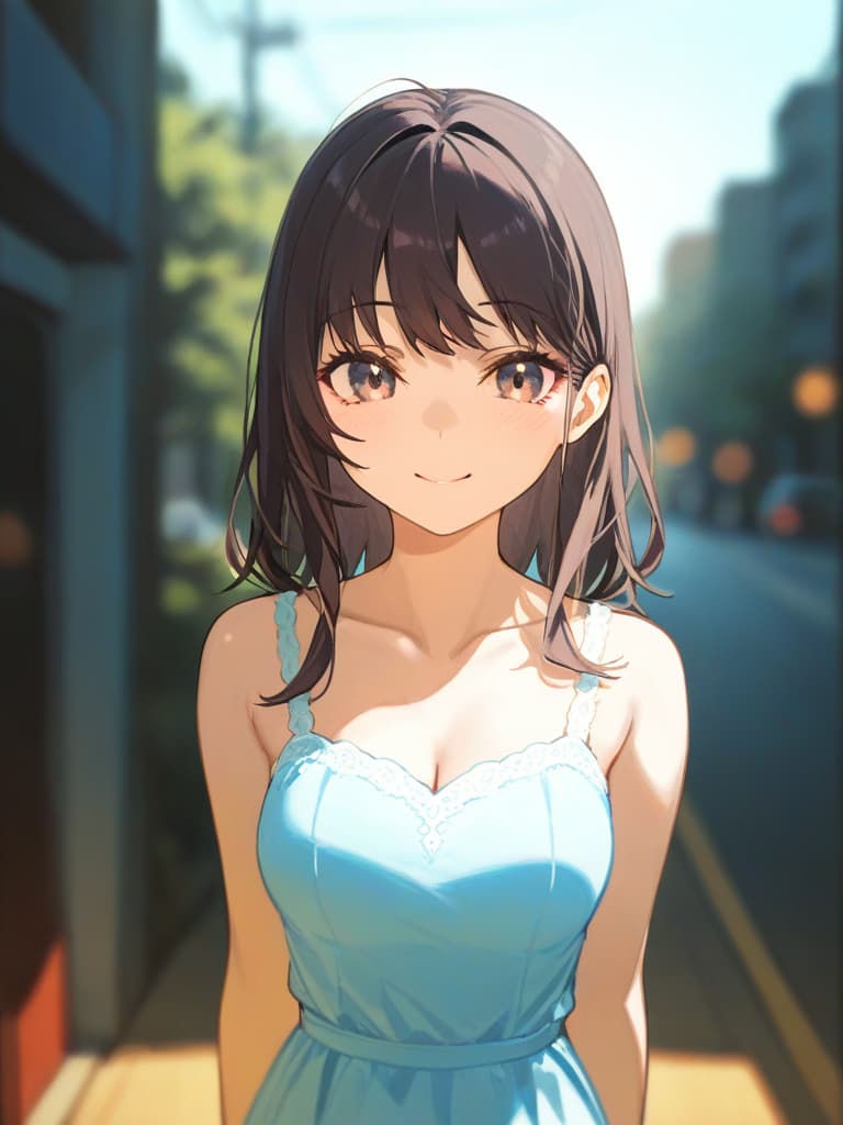  g {clean beautiful girl:1.2}{dark brown hair}{shiny straight long hair}{half up}{gentle smile}{she is wearing a dress with white collar on dark blue background:1.2}{upper body} masterpiece,high quality,16k,