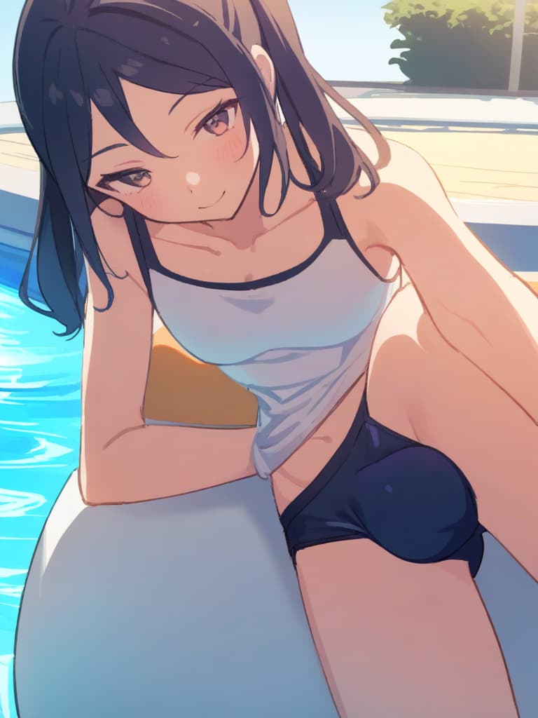  women's elementary students (male), twin tails, cute smiles, (rich s), low stature, dark blue swimwear, old swimwear, swimwear, simple (upward), male , (bulge), front, whole body, pool, pool. side,