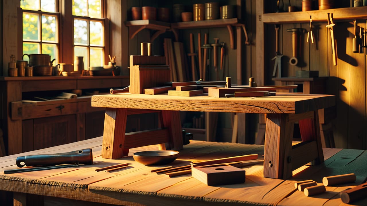  a rustic workshop scene showcasing an array of traditional woodworking joints, like dovetails and mortise and tenon, with ancient tools scattered around, surrounded by timber planks and a warm, golden light filtering through a window. hyperrealistic, full body, detailed clothing, highly detailed, cinematic lighting, stunningly beautiful, intricate, sharp focus, f/1. 8, 85mm, (centered image composition), (professionally color graded), ((bright soft diffused light)), volumetric fog, trending on instagram, trending on tumblr, HDR 4K, 8K