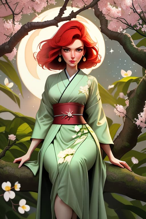  A tall woman. With short red hair and green eyes. Her body is covered in springtime blossoms. Small breasts. Wearing a dark green kimono. Barefoot. Sitting on a large branch of a tree and looking at the starry night sky., dynamic, action packed, thrilling, by Neil Leifer, Walter Iooss Jr., Bob Martin, Eadweard Muybridge, Robert Capa hyperrealistic, full body, detailed clothing, highly detailed, cinematic lighting, stunningly beautiful, intricate, sharp focus, f/1. 8, 85mm, (centered image composition), (professionally color graded), ((bright soft diffused light)), volumetric fog, trending on instagram, trending on tumblr, HDR 4K, 8K