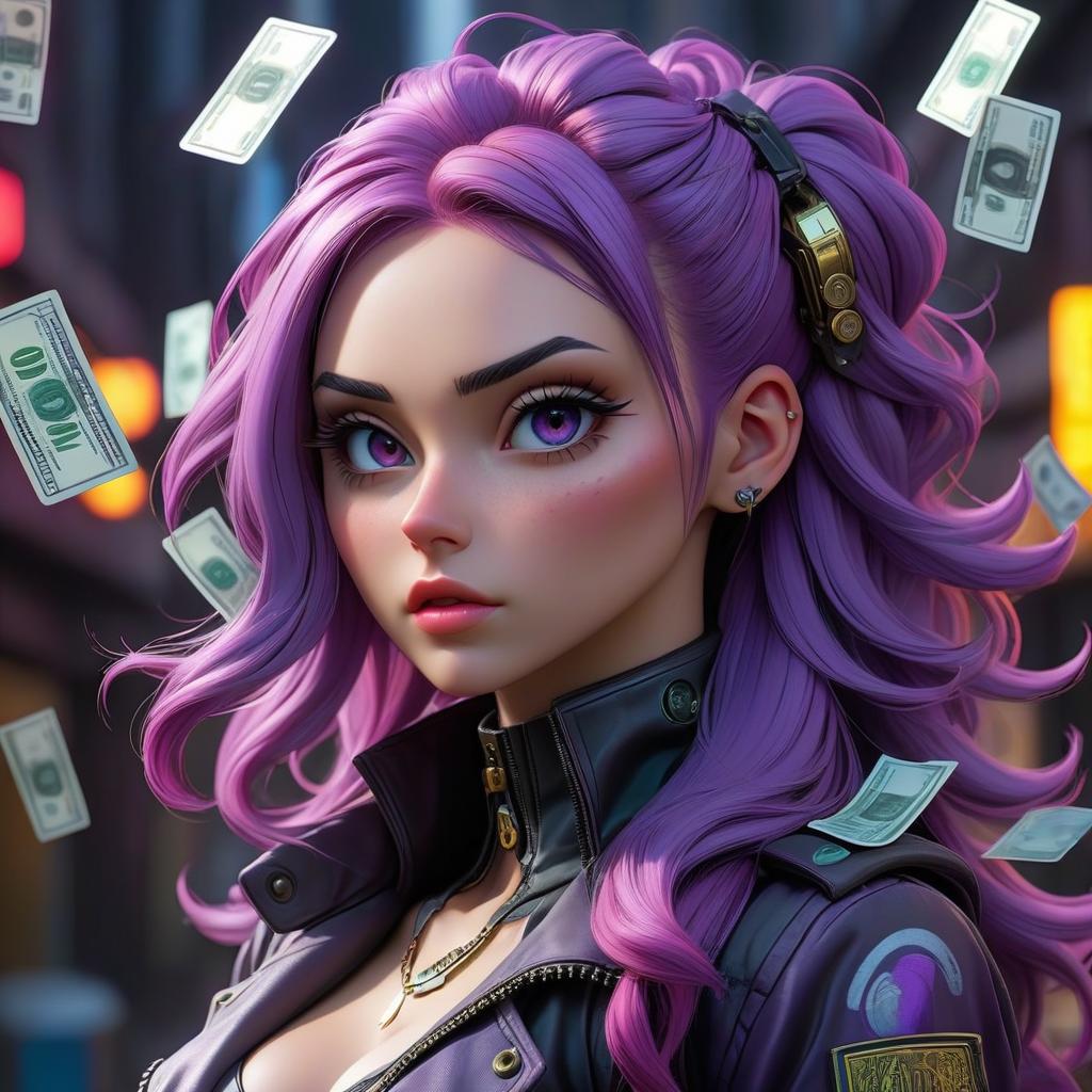  cyberpunk game style a girl with purple hair, money in her hands, money falling from the sky, full length, long hair, anime . neon, dystopian, futuristic, digital, vibrant, detailed, high contrast, reminiscent of cyberpunk genre video games, sticker hyperrealistic, full body, detailed clothing, highly detailed, cinematic lighting, stunningly beautiful, intricate, sharp focus, f/1. 8, 85mm, (centered image composition), (professionally color graded), ((bright soft diffused light)), volumetric fog, trending on instagram, trending on tumblr, HDR 4K, 8K