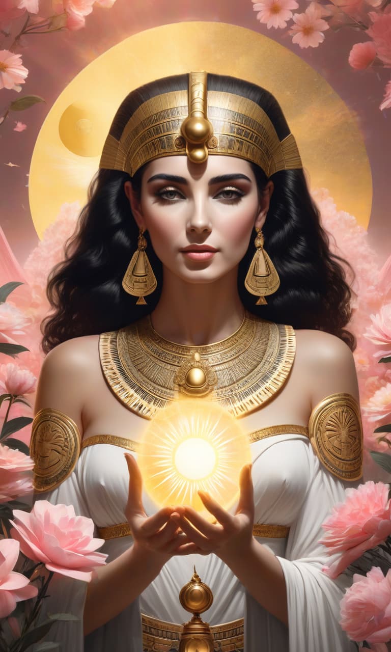  concept art black, white, gold, pink cleopatra holds the sun in her hands, many flowers near sphinx . digital artwork, illustrative, painterly, matte painting, highly detailed, perfect hands