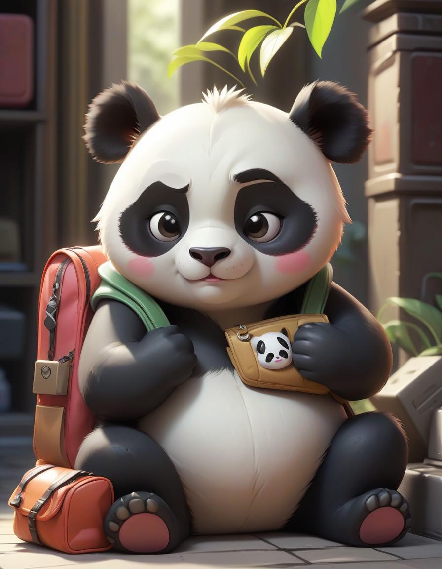  pokémon style cartoonishly cute panda hugging one bag and sitting next to a safe. . vibrant, cute, anime, fantasy, reminiscent of pokémon series