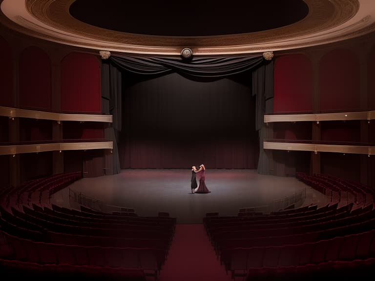  the school auditorium. the scene is big. decorated in the style of a literary evening dedicated to the poetry of the silver age. the surroundings are gloomy. the whole scene should be saturated with the dramaturgy of fyodor sologub a writer playwright, a novelist. add on the stage lubricated figures dancing waltz in a circle. in the center dances a girl in a burgundy dress, with her partner a black silhouette of darkness with a robe and without a face. the age of venice.