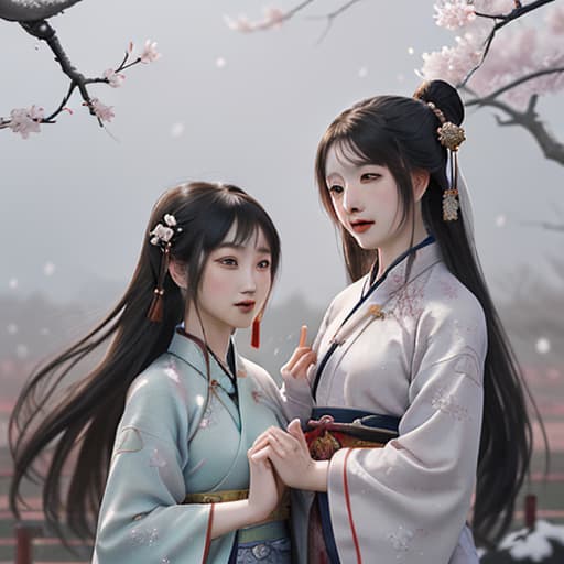  chinese style, in the midst of flying snowflakes, a man dressed in song dynasty hanfu and a woman dressed in song dynasty hanfu stand facing each other in front of a plum blossom tree. they reunite after a long separation.