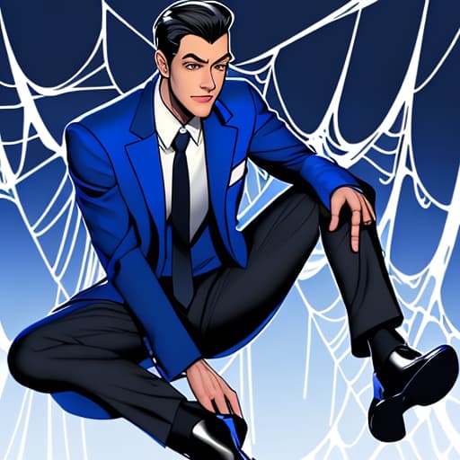  Spider-Man cartoon in a blue ffa jacket with a tie and white undershirt with black dress shoes and black slacks