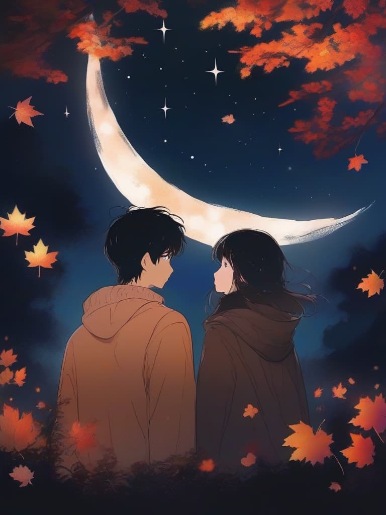  gentle illustration style,masterpiece {male and female couple:1.2}{male and female couple looking up at the night sky:1.2}{sad expression}{crescent moon and starry sky}{autumn leaves 🍁 night} high quality,16k,super analysis,absurd