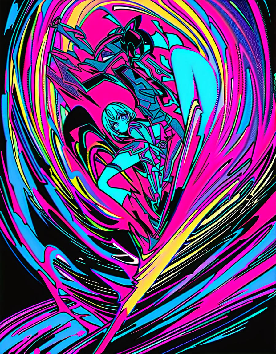  ultra precisely drawn scratch art, gently pull a sword out of its scabbard, cool expression, break a cute girl with bunny ears., from above, hanafuda, break tense atmosphere, vibrant colors, limited palette, high contrast, double exposure of fluorescent ripples,