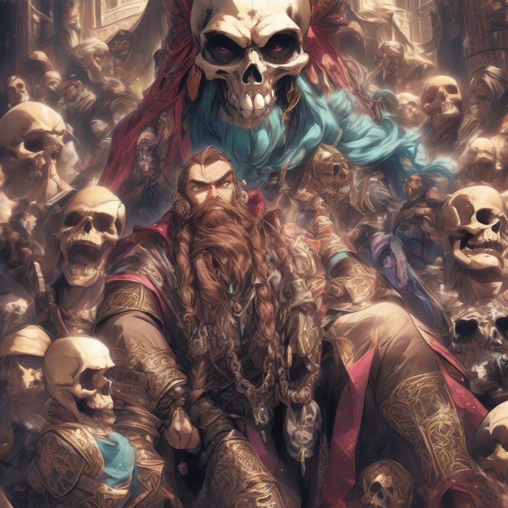  anime artwork dnd, dwarf, alchemist, arab appearance, young, big beard with pigtails, skull mask on the belt, cloak . anime style, key visual, vibrant, studio anime, highly detailed