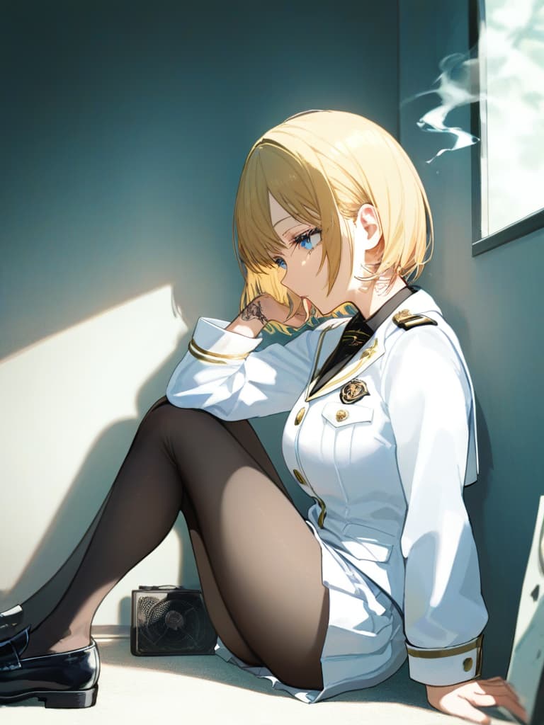  s wearing black tights, headphones, black loafers, whole body, blue eyes , blonde bob cut , white pleated , white sailor suit, with purple rose tattoo on the left , tobacco a smoked , a spider's nest tattoo, a cigarette, a who smokes cigarettes, masterpiece, best quality,8k,ultra detailed,high resolution,an extremely delicate and beautiful,hyper detail