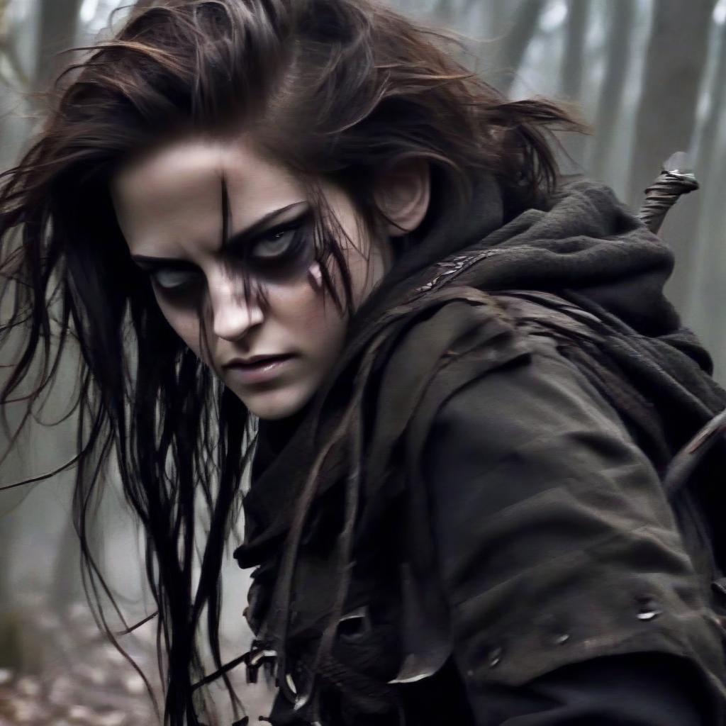  macabre style kristen stewart as a crossbow thief. . dark, gothic, grim, haunting, highly detailed, perfecteyes, perfect hands