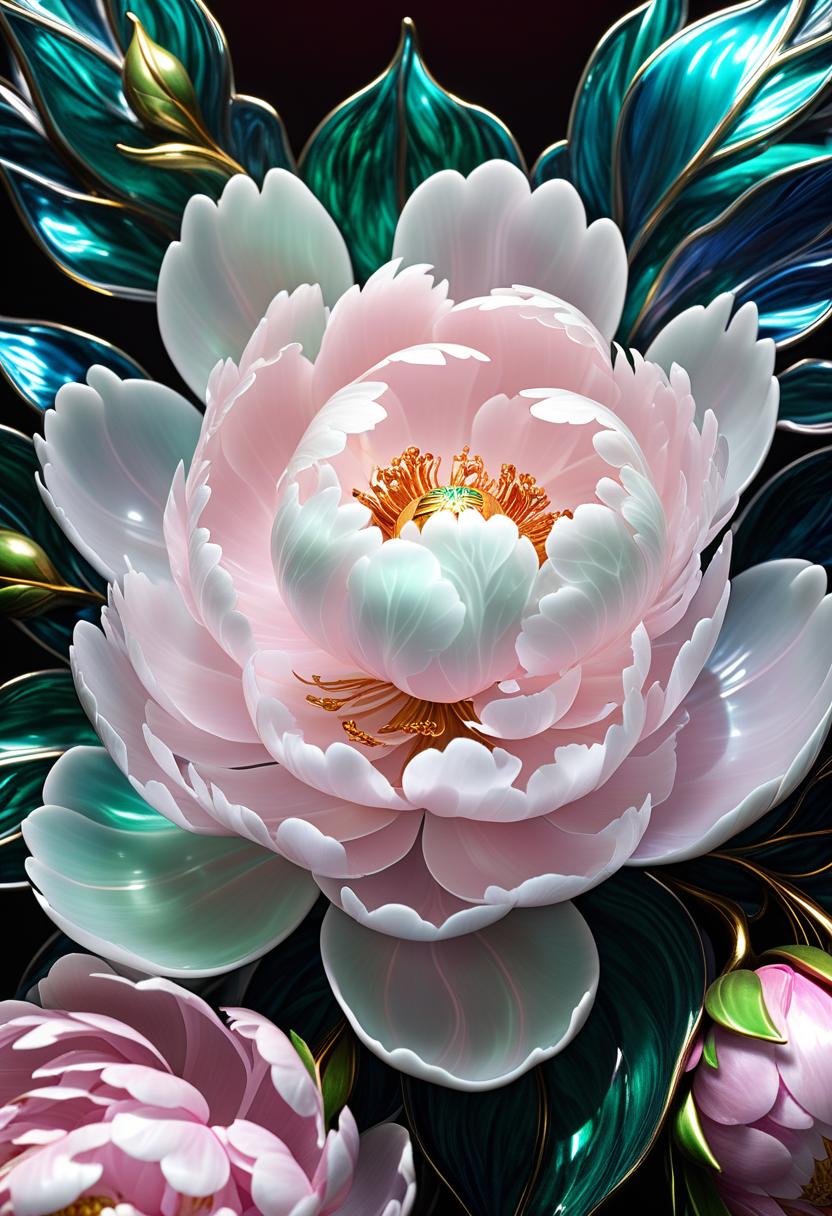  hyperrealistic art digital image. a professional snapshot. close up. (sculpture: 1.6). (mystical peony made of porcelain and colored glass: 1,6). clear texture of porcelain and glass. a radiant aura of magic, delicate ornamental patterns on the petals. a lush glass bud. the delicate petals are framed by baroque lines. white with pale pink streaks. elegant green porcelain petals. polished (glossy). mesmerizing, shiny, sparkling. shining from inside the bud. magical, mystical. dark ribbed textures. the background is surreal abstractionism, fog, from which intricate patterns on the leaves of peonies appear, shimmering with all the colors of the rainbow. thin curls of lines of magic and witchcraft: fractal gradients. stylistics: pronounced deco