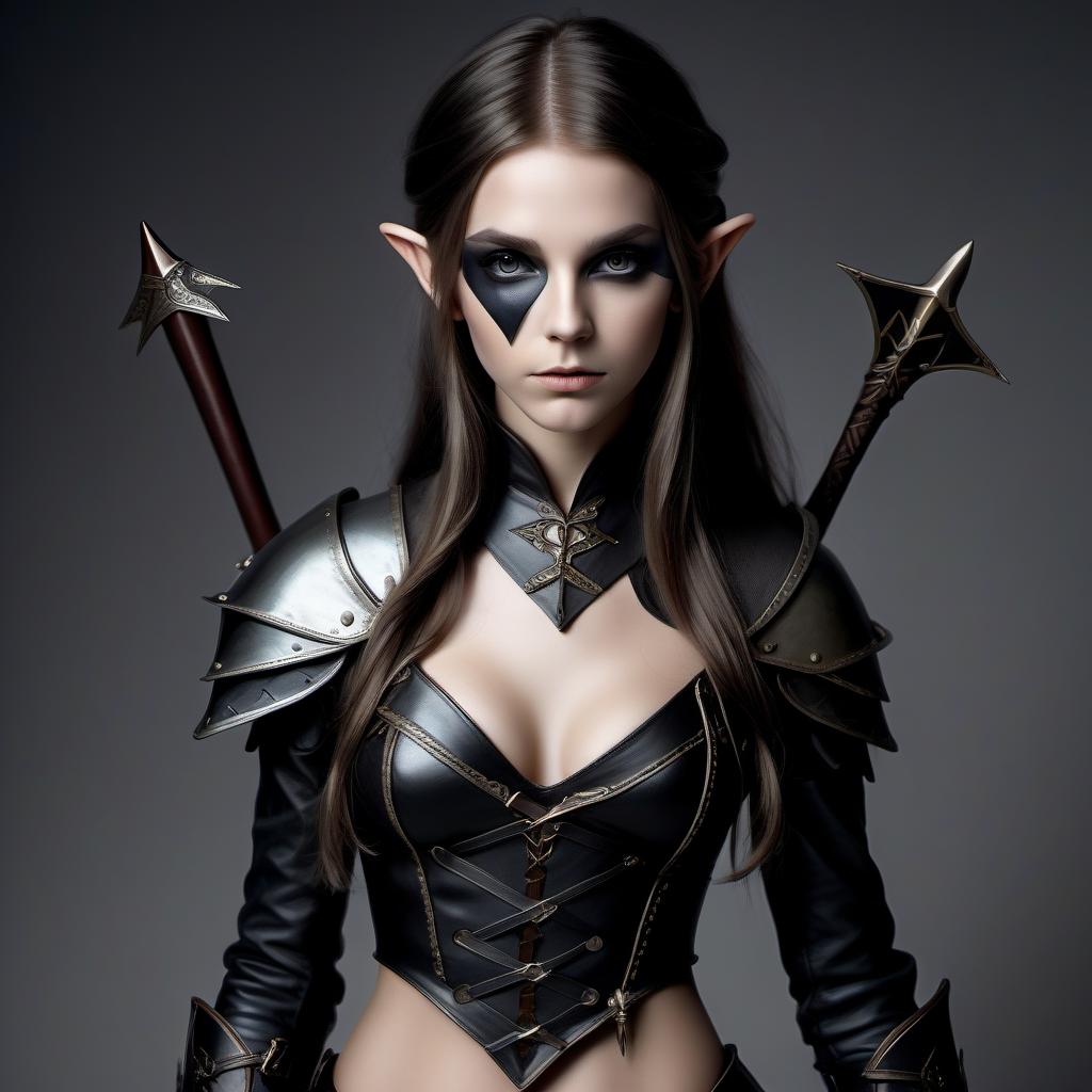  the girl is an elf, a crook, dressed in light leather armor, a black bandage hides her eyes, her hair is black, naughty, shoulder long, behind her a short bow and a quiver with arrows, a short sword on her belt