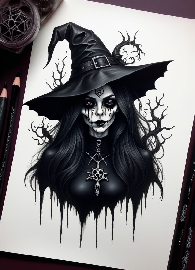  macabre style draw her a witch . dark, gothic, grim, haunting, highly detailed