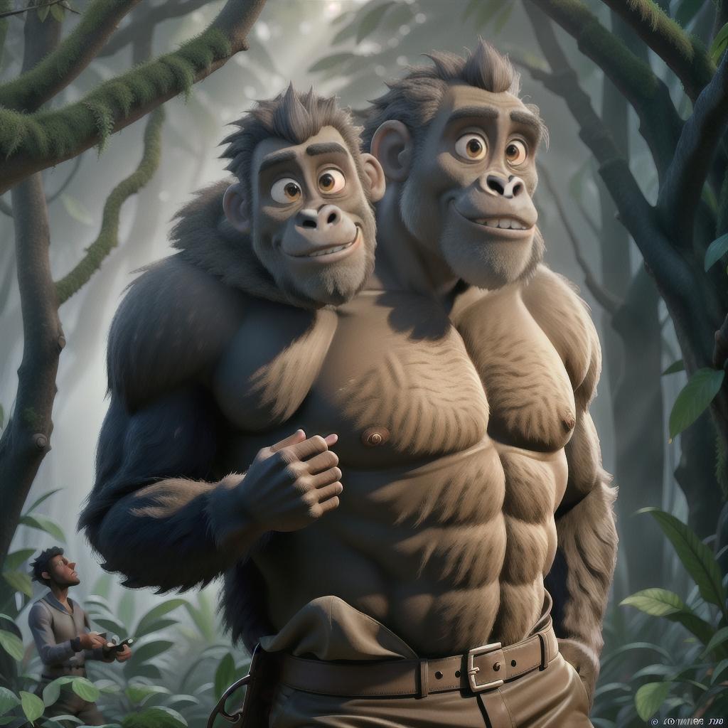  A man and a scary gorilla in jungle hyperrealistic, full body, detailed clothing, highly detailed, cinematic lighting, stunningly beautiful, intricate, sharp focus, f/1. 8, 85mm, (centered image composition), (professionally color graded), ((bright soft diffused light)), volumetric fog, trending on instagram, trending on tumblr, HDR 4K, 8K