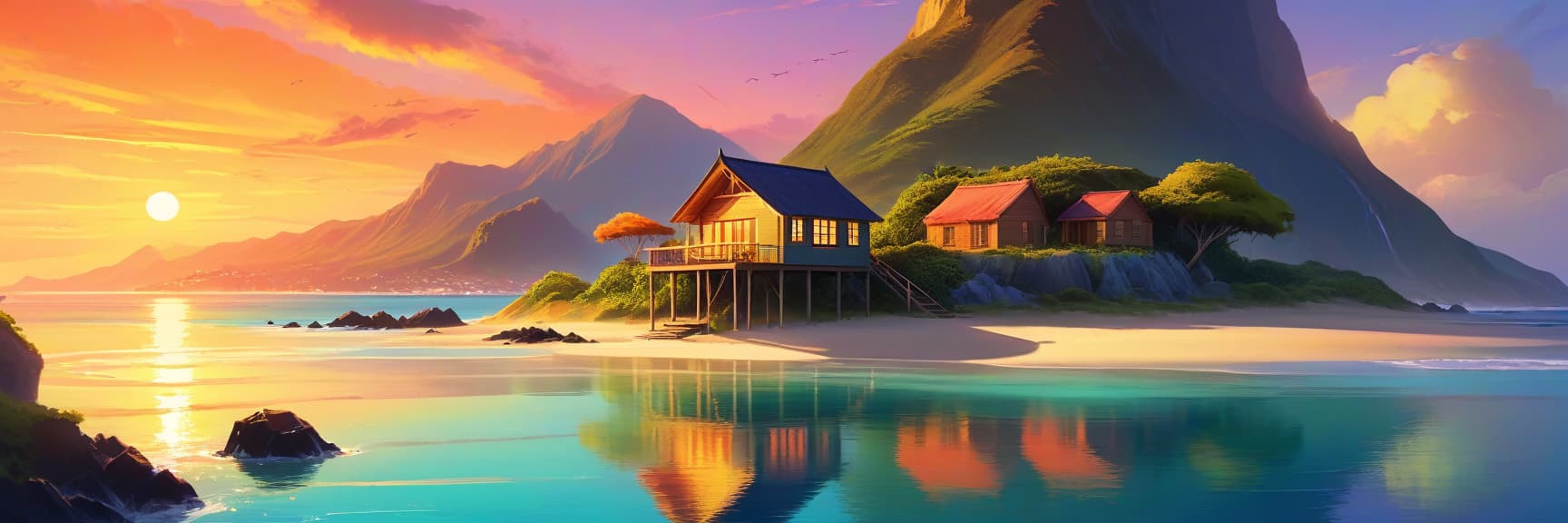  concept art small house by the sea, on the shore with a beautiful lagoon, sunset, behind the mountain . digital artwork, illustrative, painterly, matte painting, highly detailed