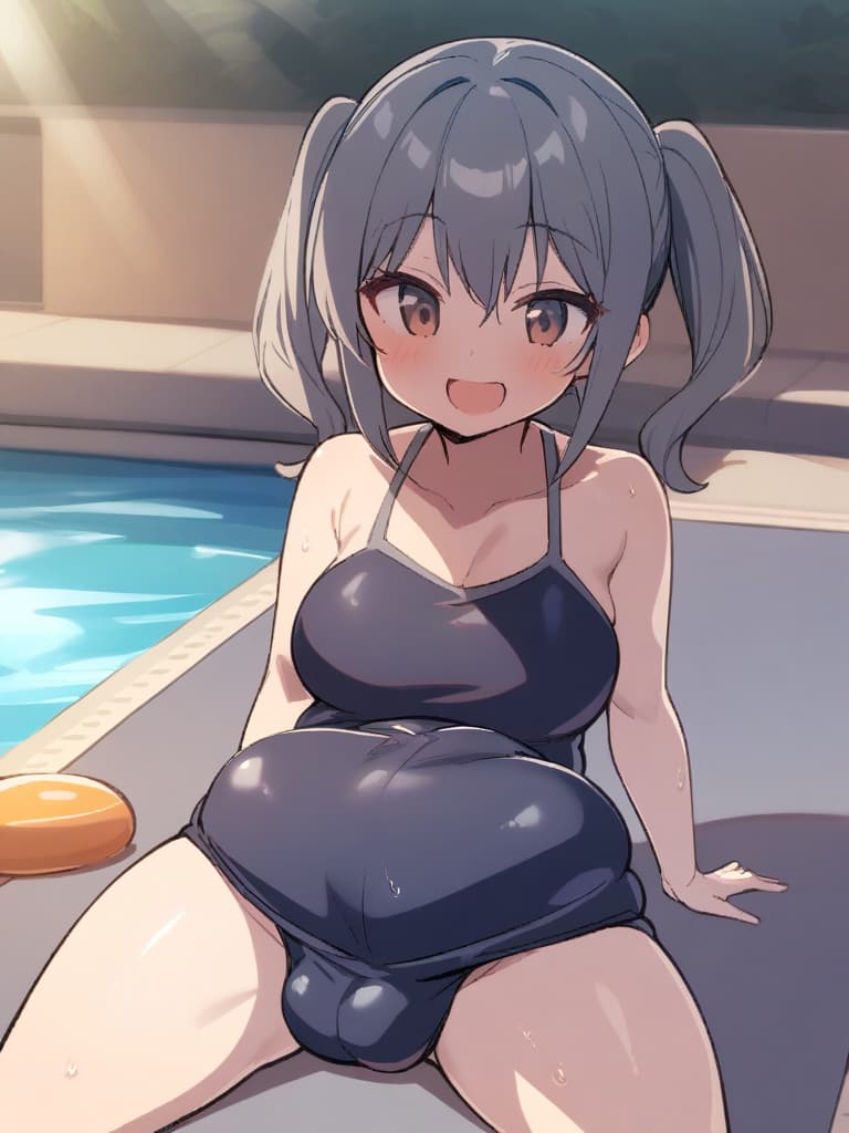  women's elementary (girls), twin tails, cute smiles, big s, low stature, dark blue swimwear, old swimwear, swimwear, simple (bulging), man (bulge), (swelling), shaped clear (clear) shaped (bulging), male crotch (bulging), front, whole body, pool side,