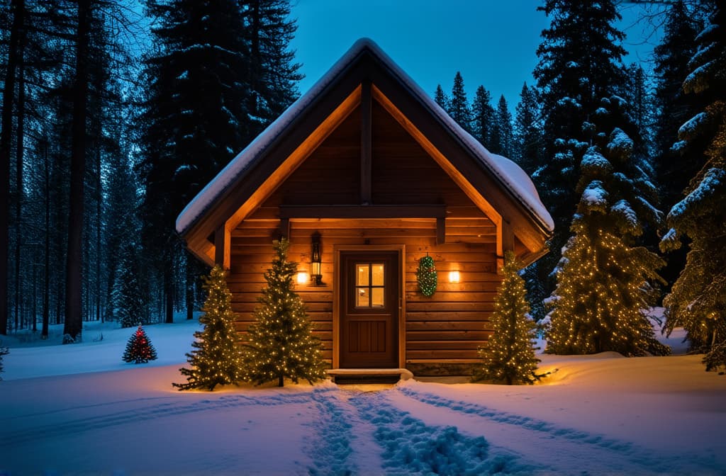  professional detailed photography, snowy outdoor scene with cozy cottage in the woods decorated for christmas ar 3:2, (muted colors, dim colors, soothing tones), (vsco:0.3)