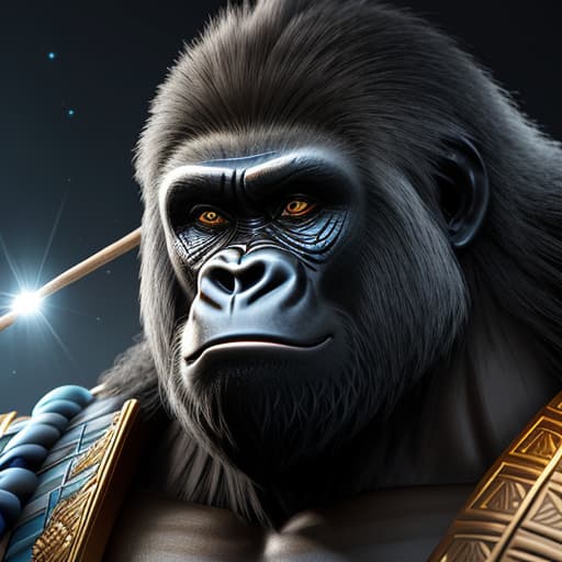  (Wizard samurai handsome gorilla hair styles with stick in 4K 3DHer eyes are marbles and her is shiny glass. 3D 4K uhd Realistic marblelight shine light spread art glass parts on sky))