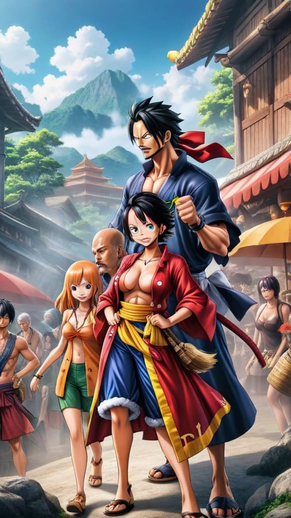  kozuki oden and kozuki toki with their children momonosuke and hiyori from one piece in anime art hyperrealistic, full body, detailed clothing, highly detailed, cinematic lighting, stunningly beautiful, intricate, sharp focus, f/1. 8, 85mm, (centered image composition), (professionally color graded), ((bright soft diffused light)), volumetric fog, trending on instagram, trending on tumblr, HDR 4K, 8K