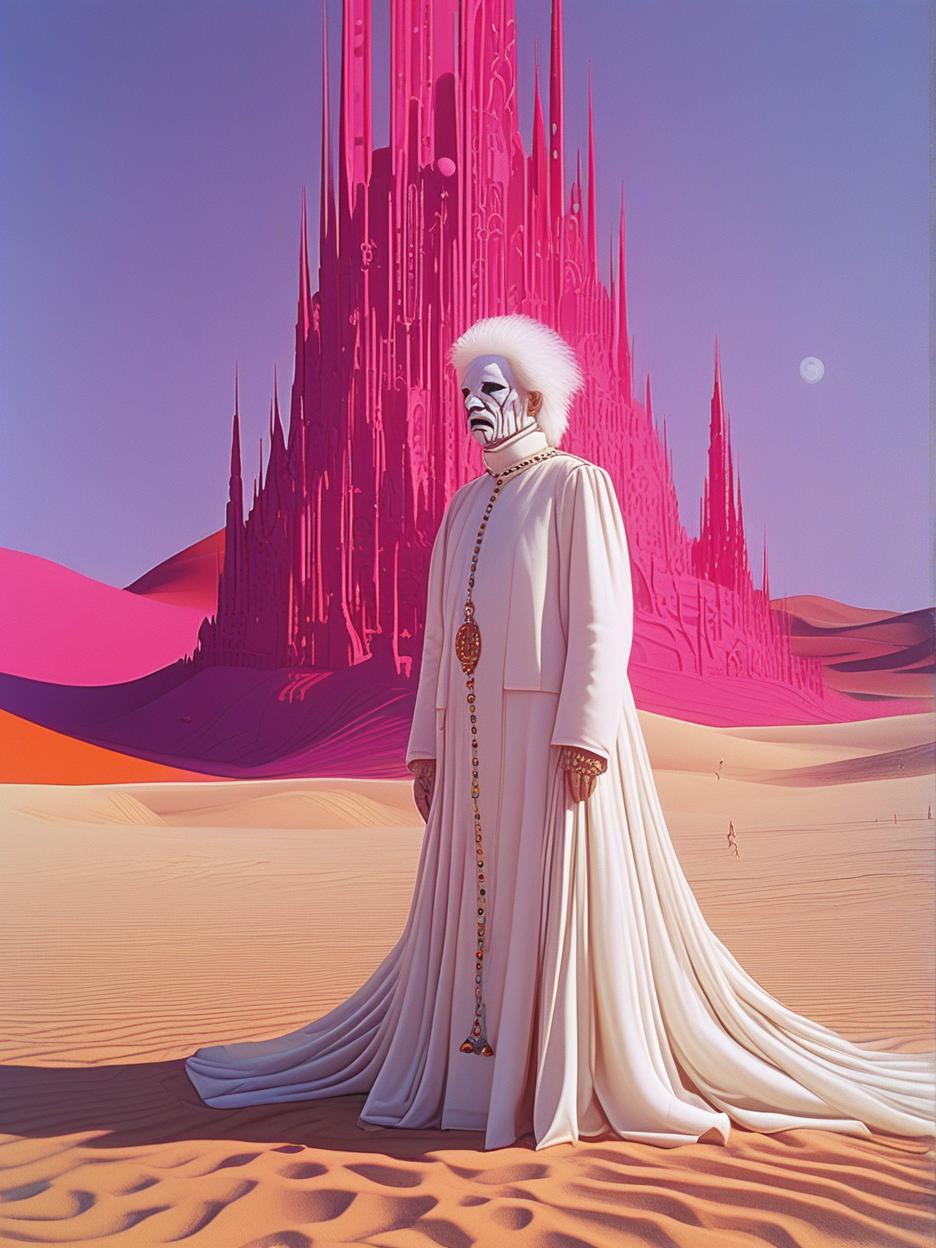  best quality, hd, "main idea": "desert enigmatic opera scene, strange tall tower structure in the background, white wig, white face makeup, intricate, crisp quality, sharp, jodorowsky style ", "artwork influences": "jodorowsky" "artists": [ { "name": "invasion", "style": "minimalism", "description": "jodorowsky", "art movement": "jodorowsky", "background": { "type": [ "landscapes" ], "description": [ "jodorowsky" ], "colors": [ "vivid colors", "dreamy hues" ] }, "lighting